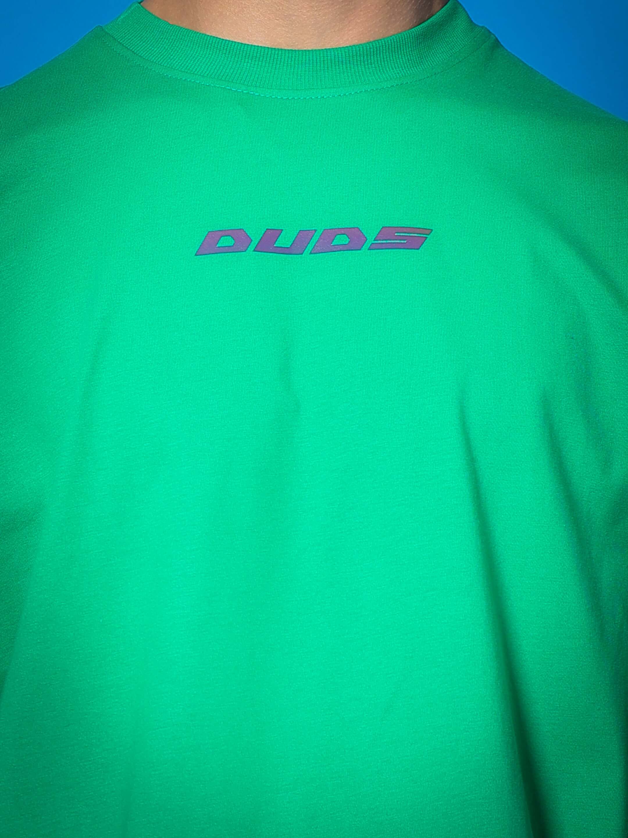 MEDUSA GAZE REFLECTOR EYE OVER-SIZED T-SHIRT GREEN with 'DUDS' logo design on chest.