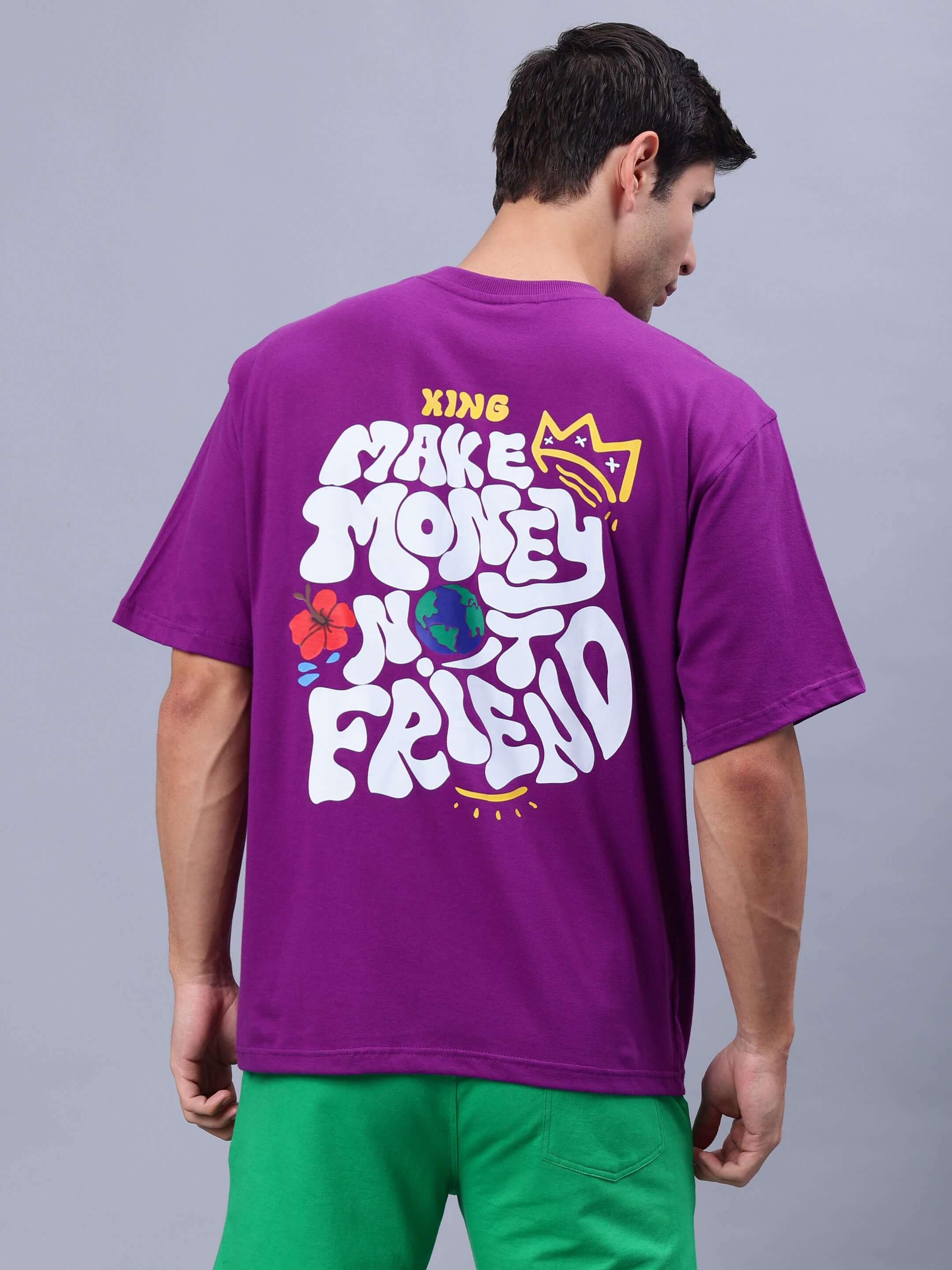 Back view of MAKE MONEY NOT FRIENDS OVER-SIZED T-SHIRT PURPLE with bold graphic design.