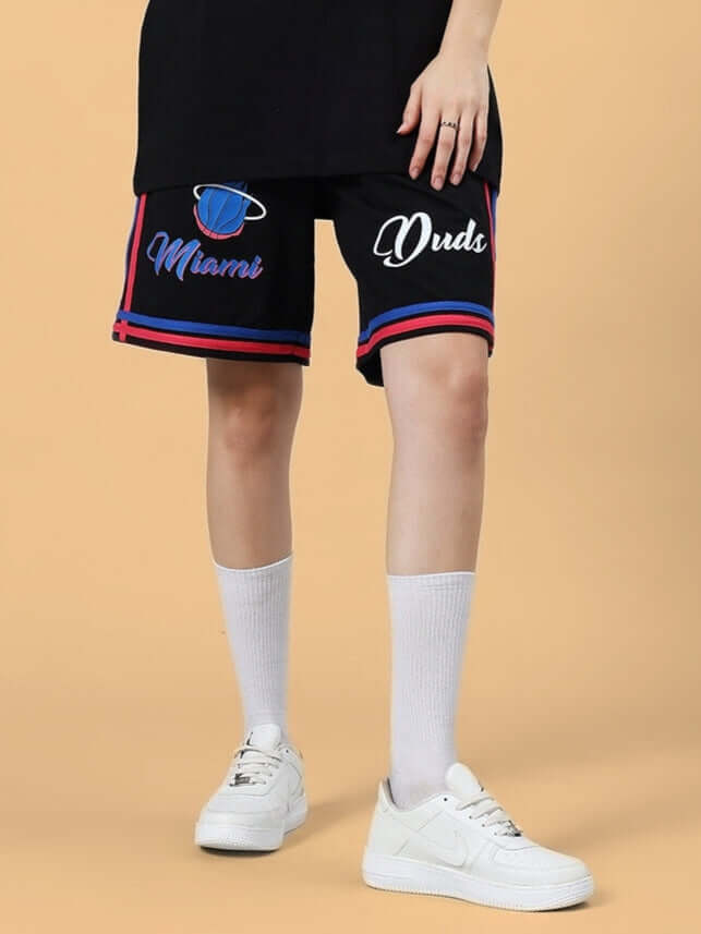 Women's Miami Regular Fit Shorts in Black, featuring sporty graphics and a comfortable design, ideal for casual wear.