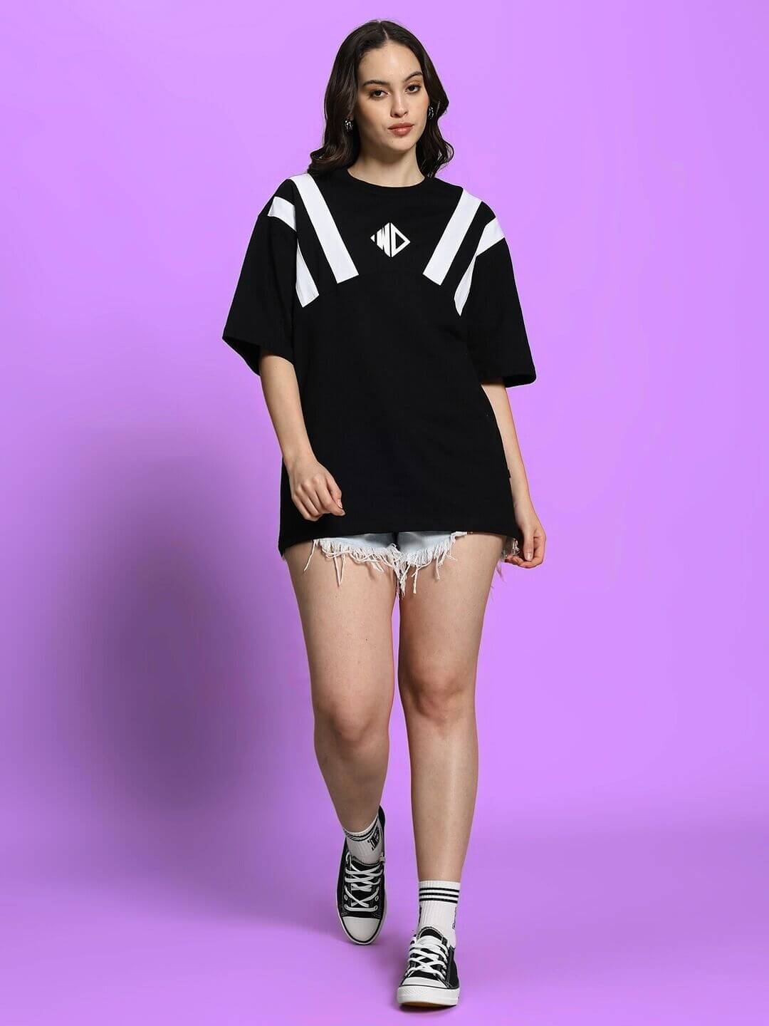 Black oversized women's AlLonzo T-shirt, styled with white stripe detail, made from premium cotton French terry fabric, perfect for casual wear.