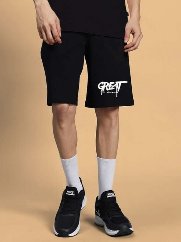 Men's black printed summer shorts with 'GREAT' logo, customizable size available, perfect for stylish casual wear.