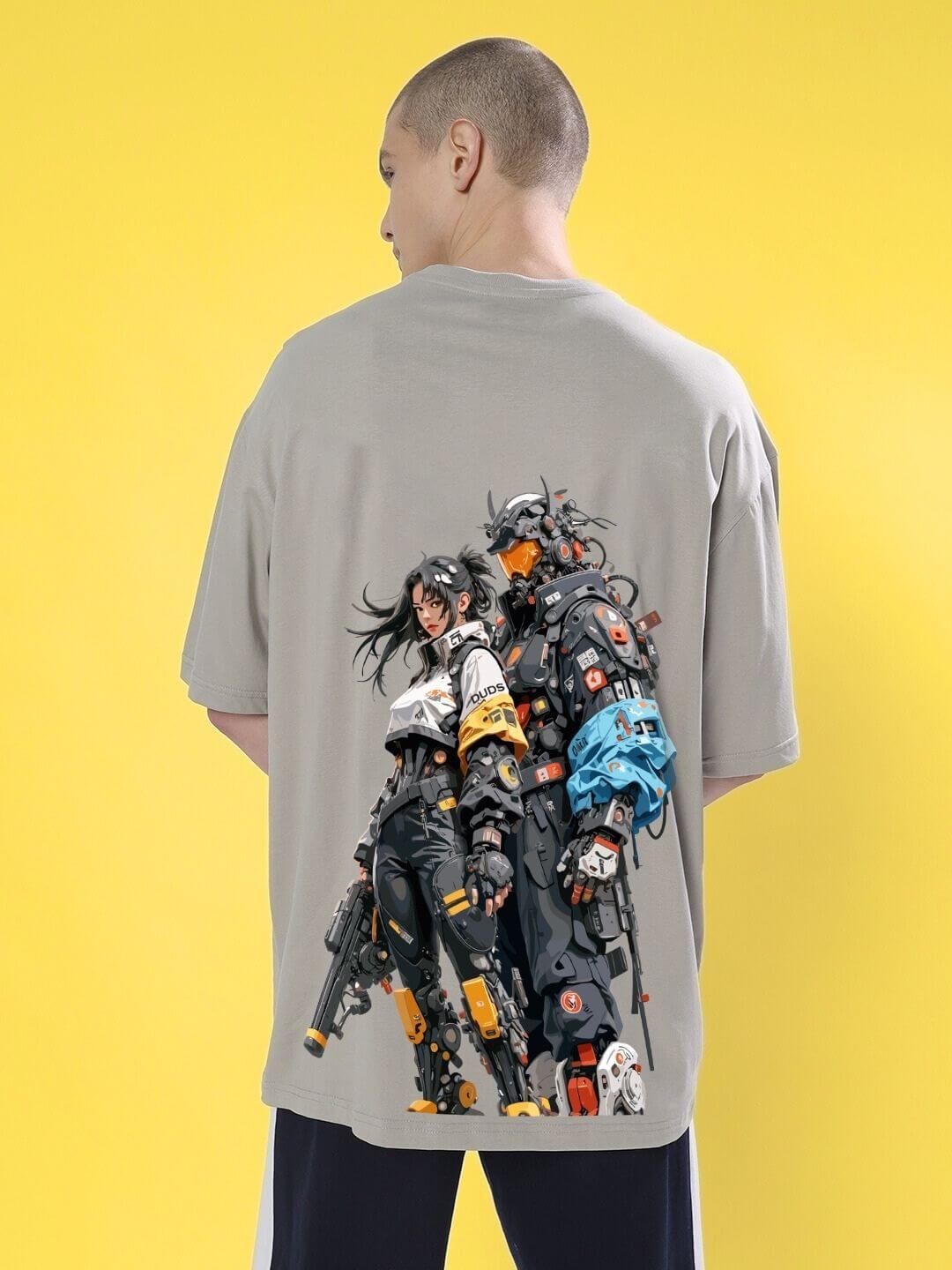 Back view of CYBERPUNK OVER-SIZED T-SHIRT GREY featuring cyberpunk graphics, showcasing a futuristic urban style on a yellow background.
