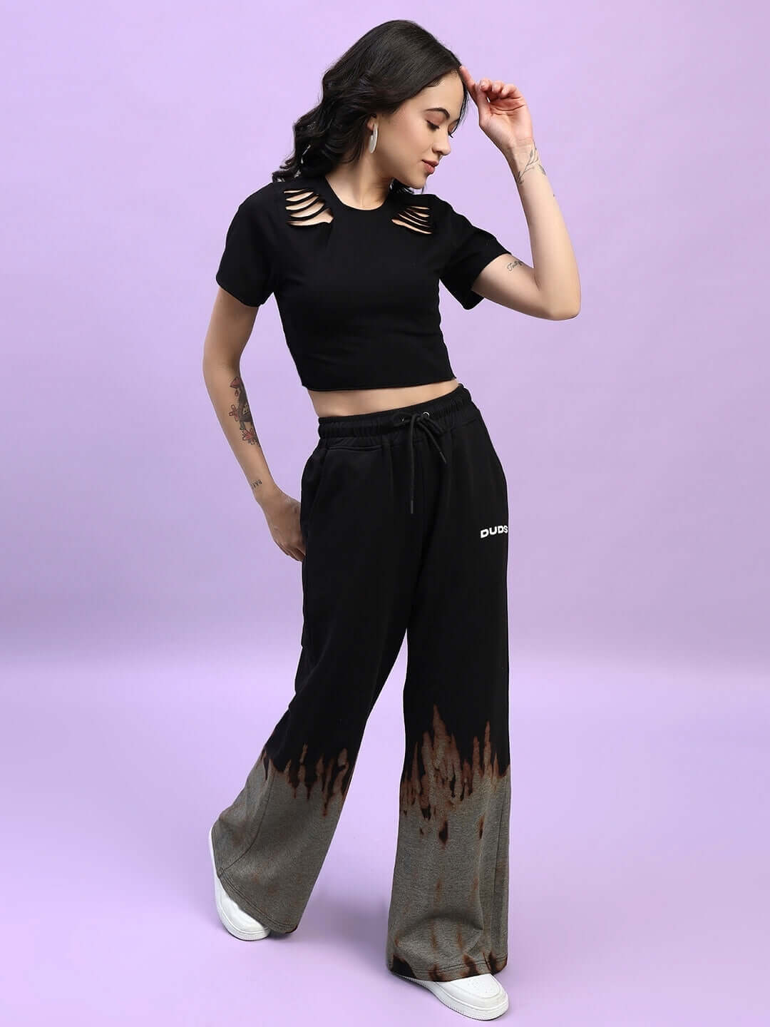 Women's fire flame baggy tie-dye co-ord set in black with premium cotton, featuring French Terry Lycra for stylish comfort.
