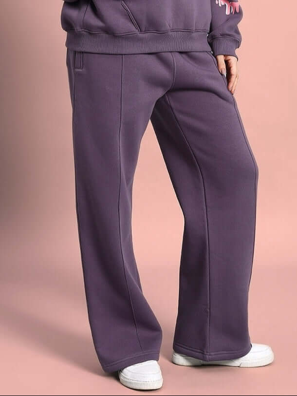Violet women's fleece jogger pants, comfortable casual wear, full-length view.