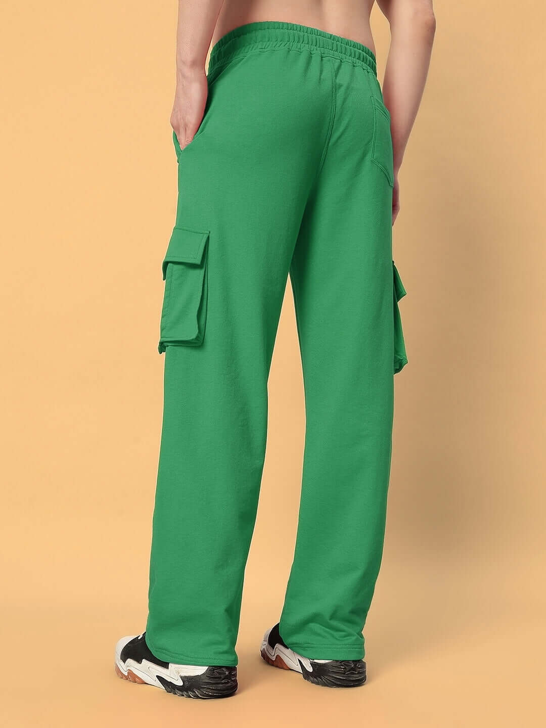Back view of green JESS 5 Pocket Relaxed Fit Joggers with cargo pockets, showcasing casual style and comfort.