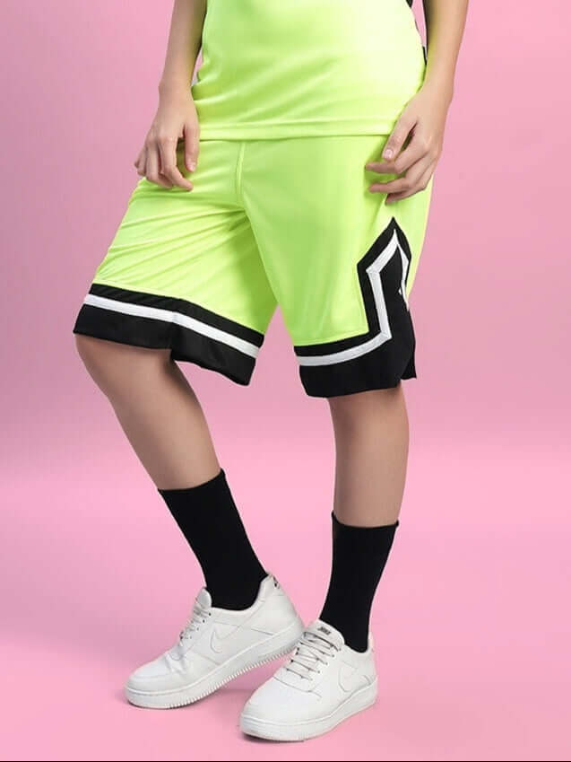 Women's Armado Regular Fit Neon Green Shorts, stylish athletic wear, featuring comfortable custom fit option for personalized sizing.