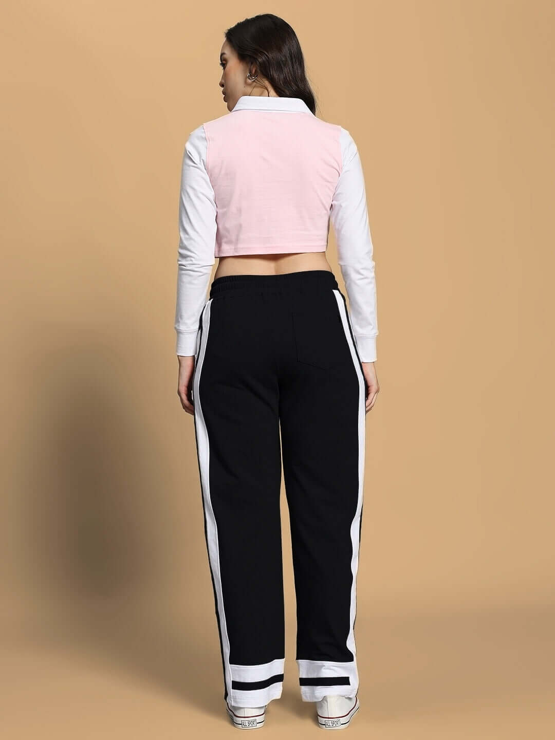 Back view of Women's Flora Co-Ord Set in pink and black, showcasing premium heavy gauge fabric ideal for stylish comfort.