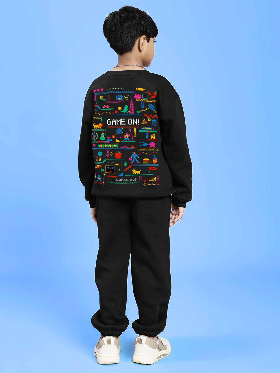 GAME ON PRINT FLEECE CO-ORD FOR BOYS AND GIRLS BLACK outfit with playful graphics, perfect for stylish and active kids.