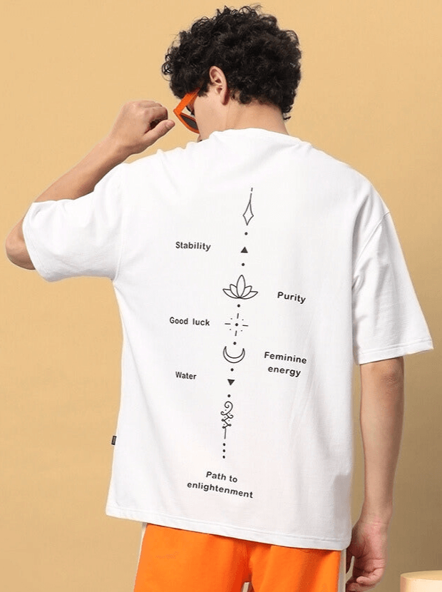 Back view of EIGHTFOLD PATH OVER-SIZED T-SHIRT WHITE with symbolic design, made of premium cotton and elastane.