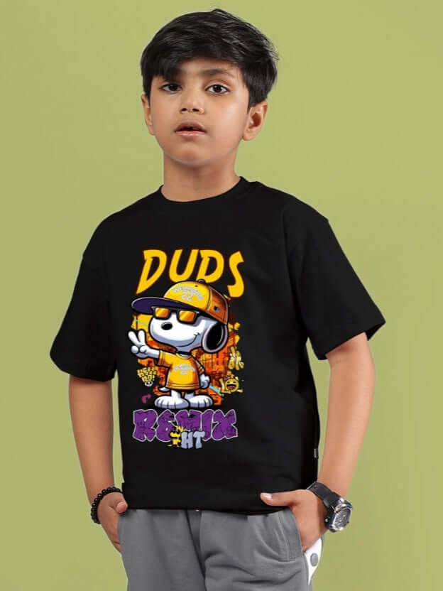 Black Snoopy Remix T-shirt for boys and girls by DUDS, featuring colorful graphics including Snoopy in a hip-hop style outfit.