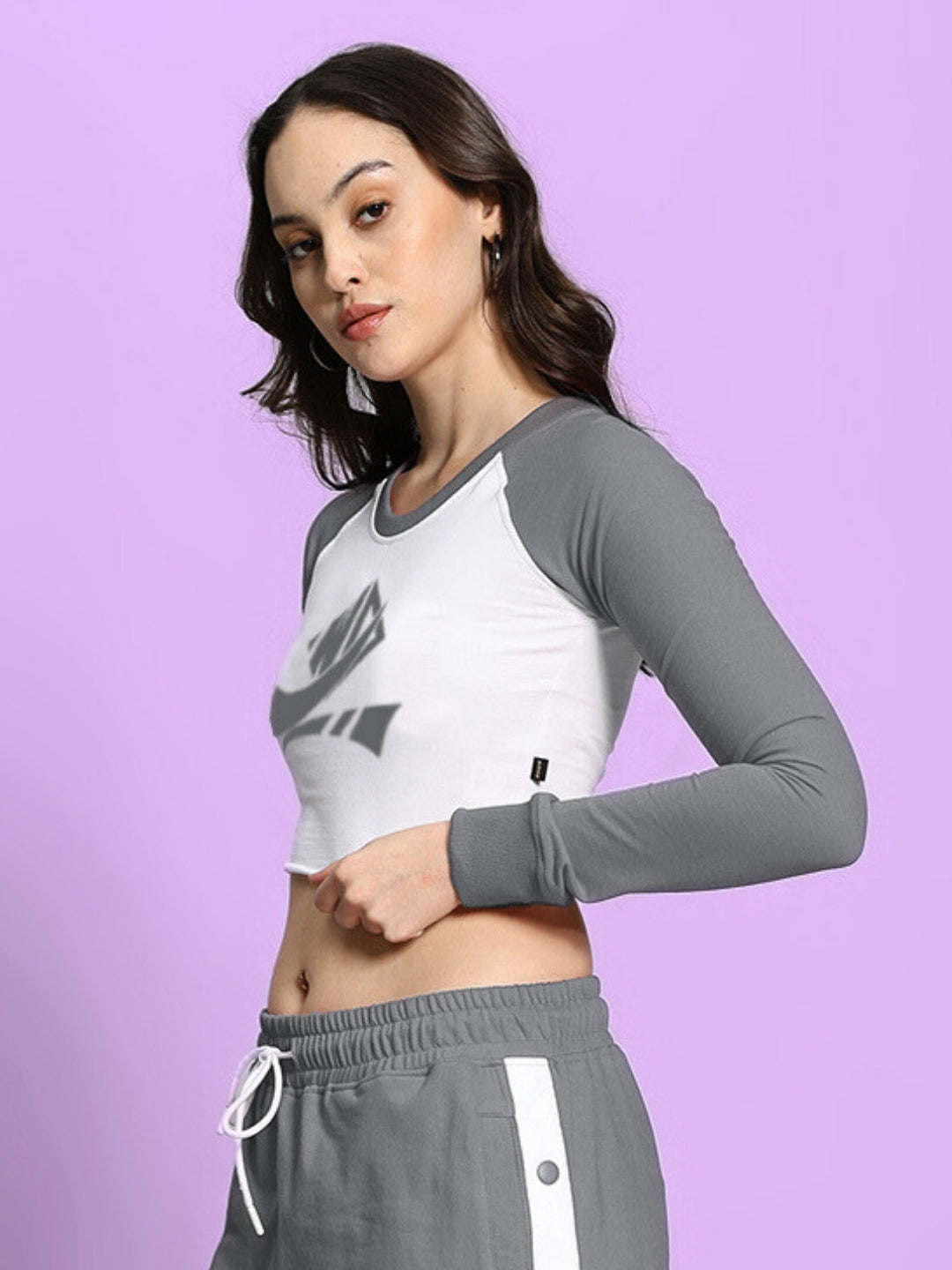 WOMEN'S EZEL SOLID REGULAR SLEEVES TOP (GREY WHITE)