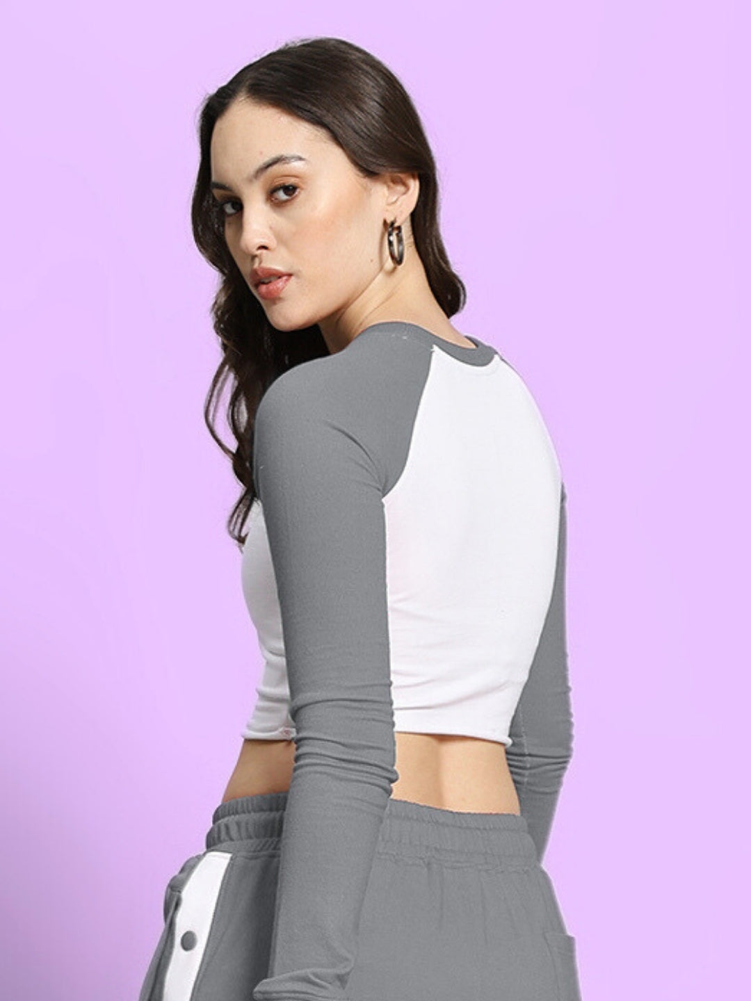 WOMEN'S EZEL SOLID REGULAR SLEEVES TOP (GREY WHITE)