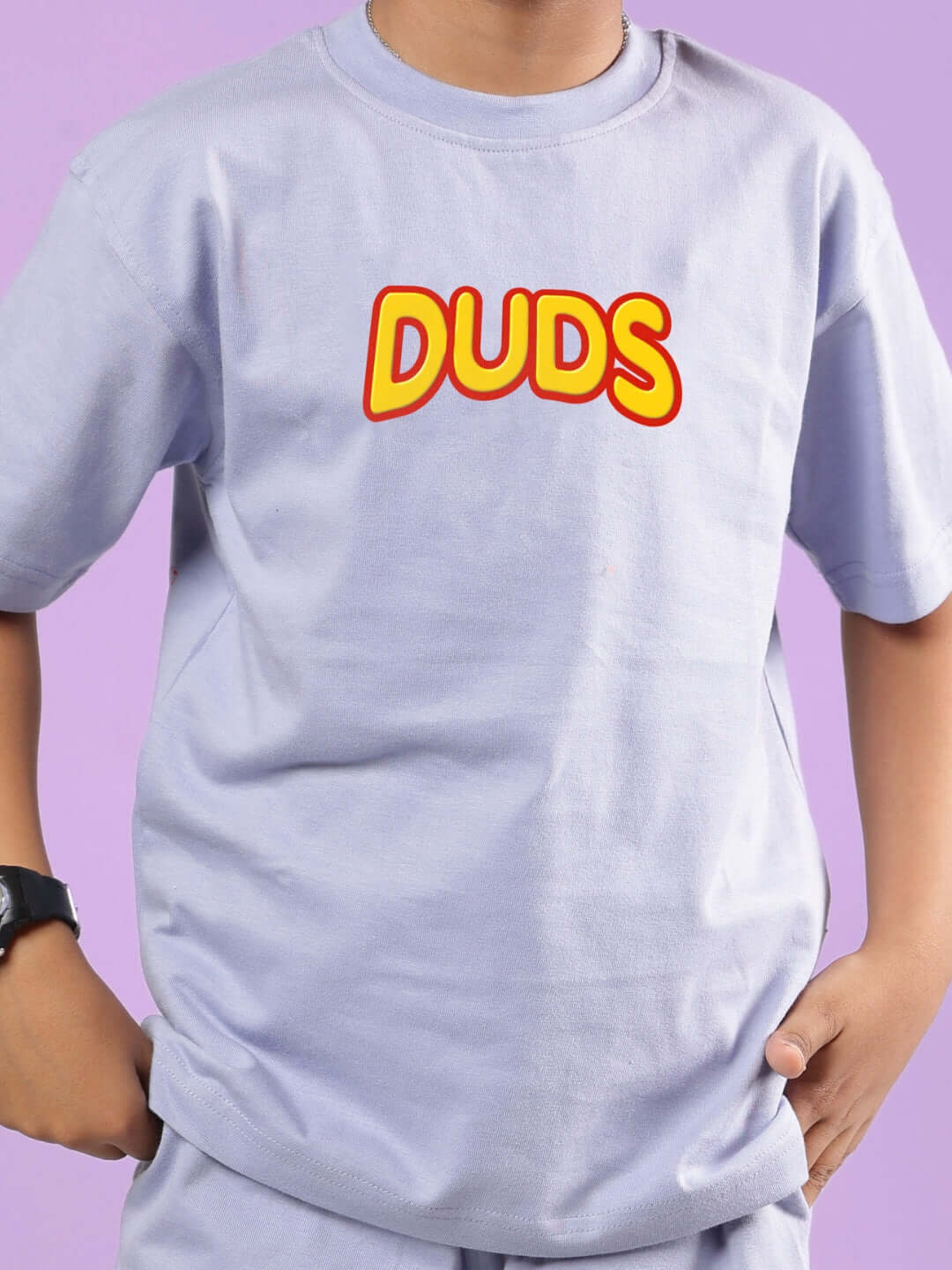 Child wearing DUDS lavender Mickey Dingo t-shirt for boys and girls, customizable fit, handmade by experienced tailors, soft cotton fabric.