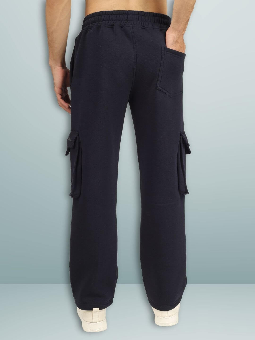 Rear view of 5 POCKET FLEECE SOLID CARGO PANT NAVY BLUE showcasing design and pockets.