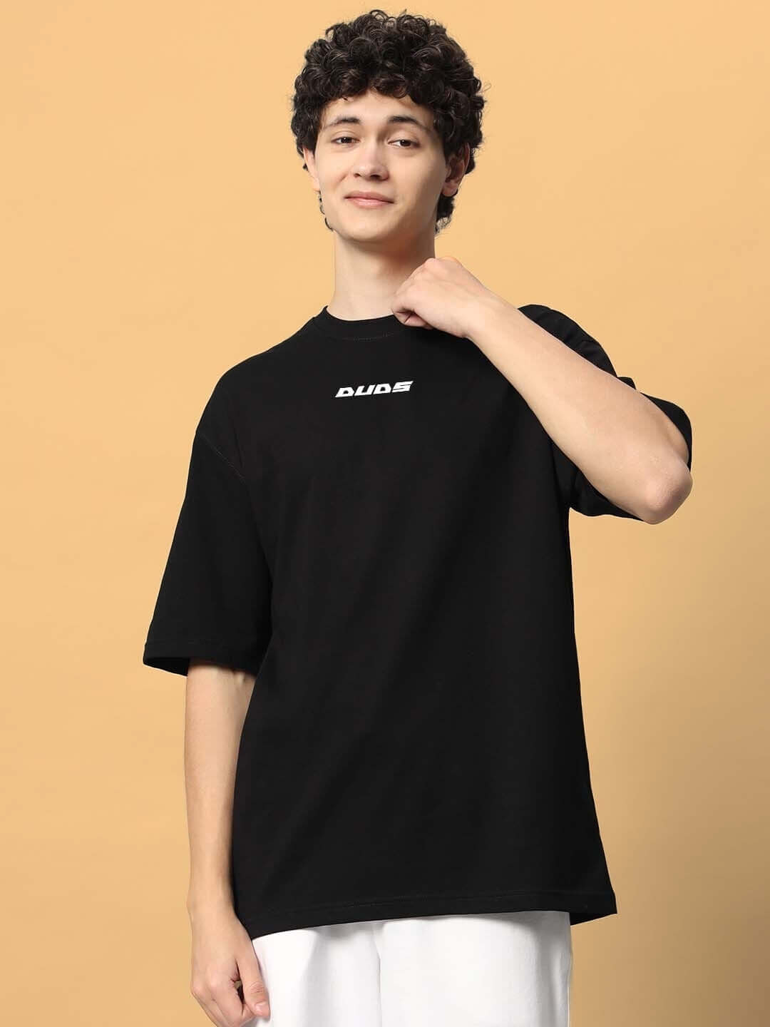 Model wearing FREE BIRD OVER-SIZED T-SHIRT BLACK, customizable size with 'Custom Fit' option. Prepaid orders only.