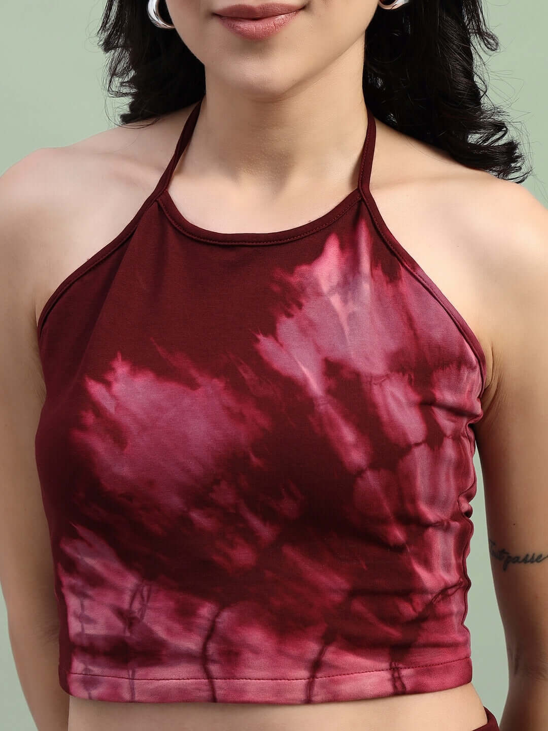 Women's Layra maroon tie-dye co-ord set top in premium cotton French terry lycra, featuring a stylish halter neck design.