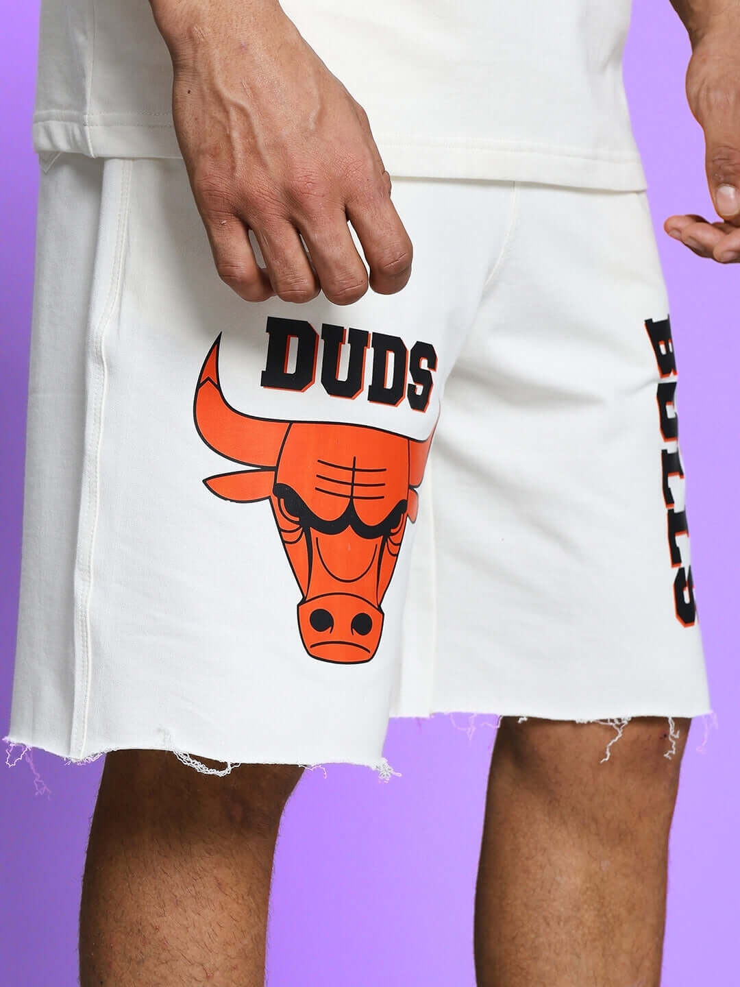 Off-white Blaze Bulls print co-ord shorts; premium heavy gauge fabric, featuring bull graphic and text; stylish, casual wear.