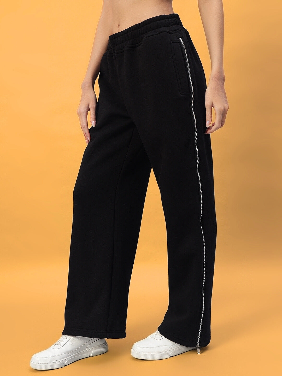 Women's Limitless Fleece Reflector Jogger in Black with custom fit option, tailored by DUDS. Comfortable, stylish joggers with side reflector stripe.