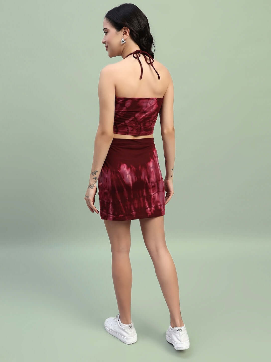 Back view of woman wearing maroon Layra tie-dye co-ord set, showcasing premium cotton and elastane fabric material.