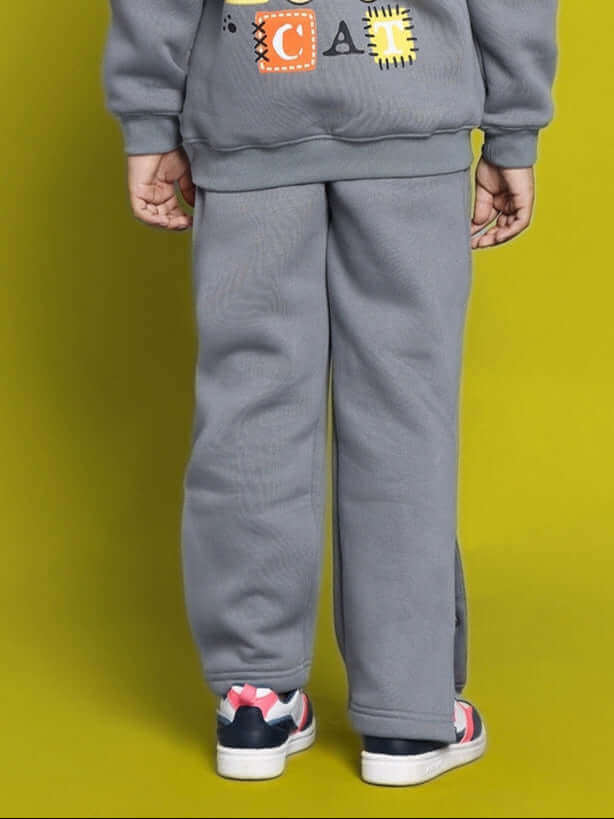 Back view of grey Tabby fleece pants for boys and girls, showcasing casual comfort and style.