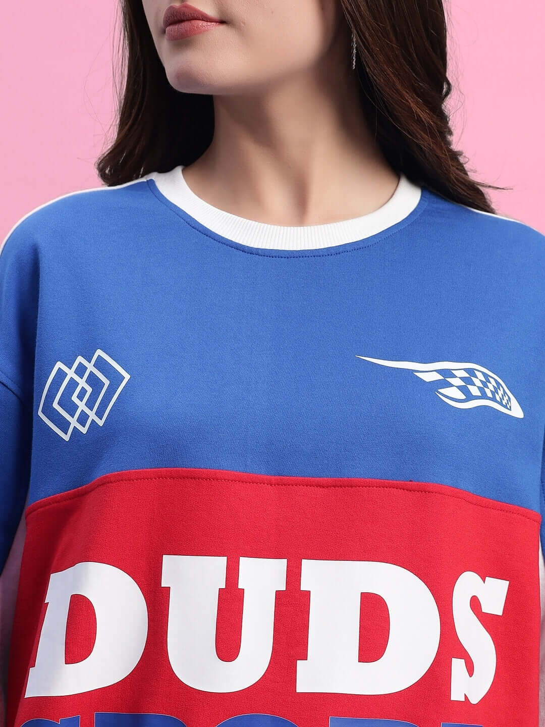Women's Urban Drift over-sized T-shirt in blue and red with graphic design, made from premium cotton blend, model showcase.
