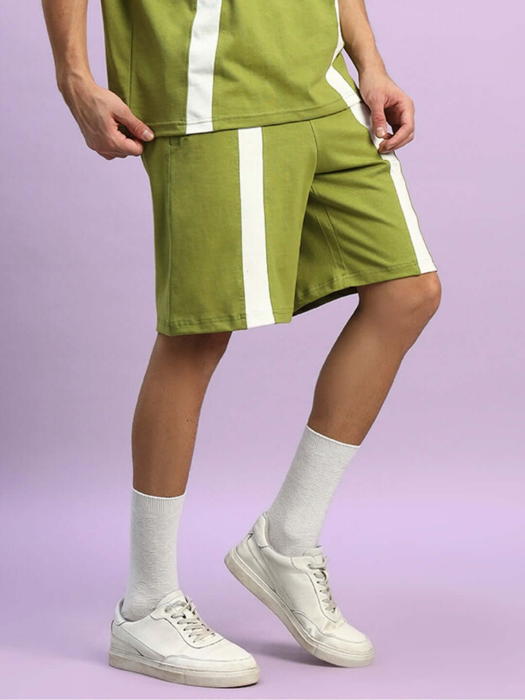 Olive green regular fit shorts with white stripe details, ideal for casual wear and customizable for a perfect fit.