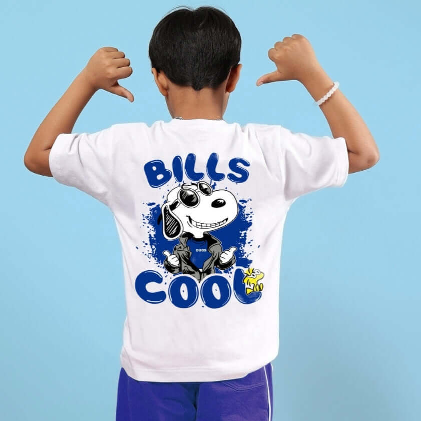Child wearing a white Bills Cool oversized T-shirt with cartoon design, perfect for boys and girls.
