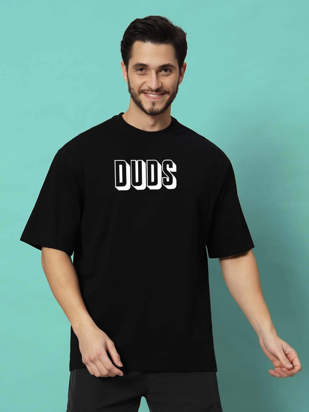 Man wearing DUDS PANTHER OVER-SIZED T-SHIRT BLACK with custom fit option available