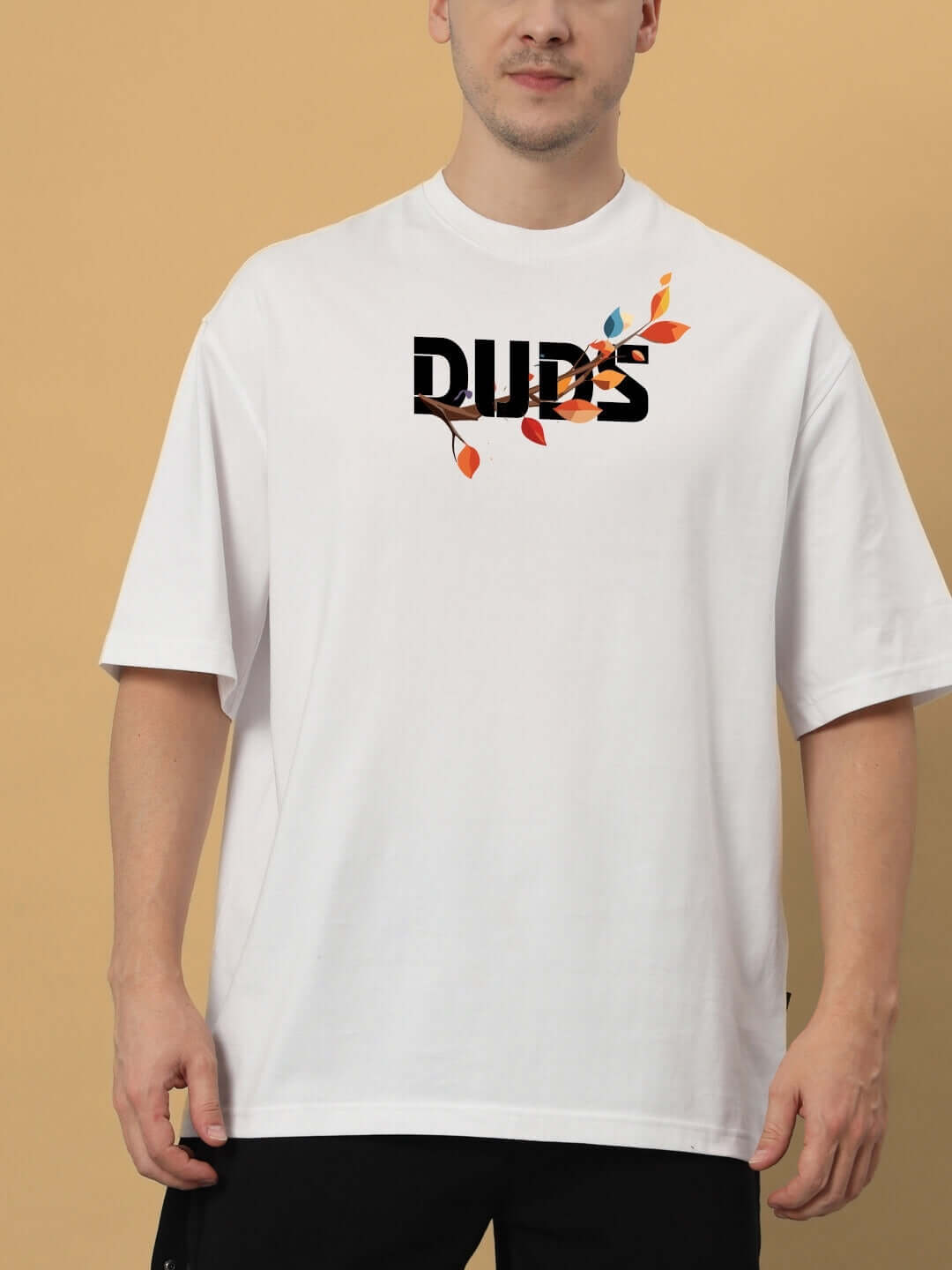 HEDWIG OVER-SIZED T-SHIRT WHITE with leaf print design, made from premium 100% cotton fabric, 200 GSM bio-washed material.