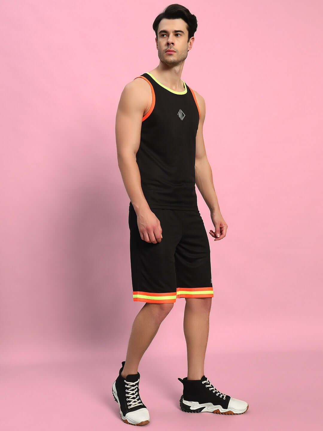 JORDAN Gym Co-ord Set in Black, featuring sports polyester fabric, perfect for workouts; styled with black sports shoes.