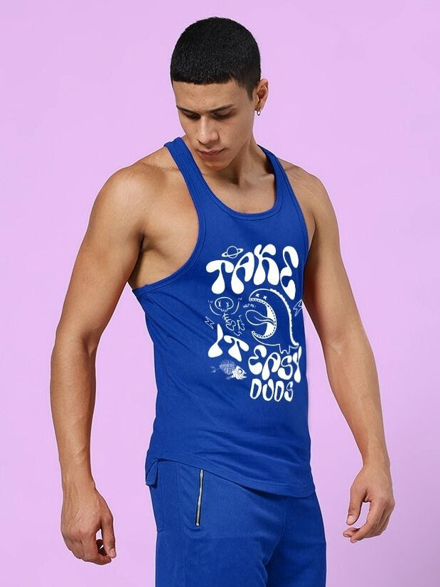 Man wearing TAKE IT EASY GYM VEST T-SHIRT BLUE for workout.