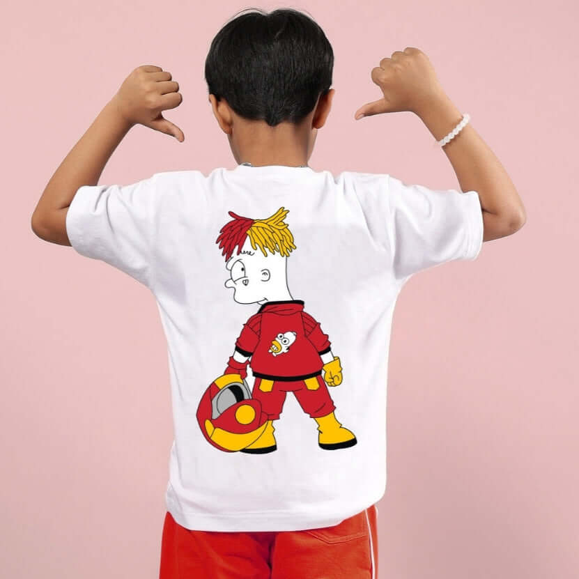 Child wearing Simpsons oversized white T-shirt featuring cartoon character design, back view, perfect for boys and girls.