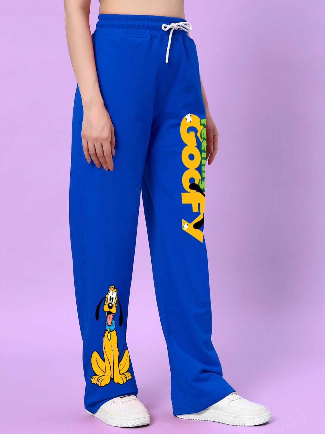 Blue women's jogger with cartoon print, relaxed fit, customizable size option; made by DUDS, shipping 7-10 days.