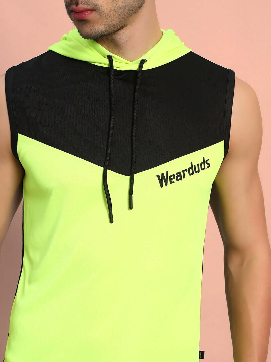 Neon green Franky Gym Co-Ord Set with black accents and hood, made from sports polyester fabric, displayed on male model.