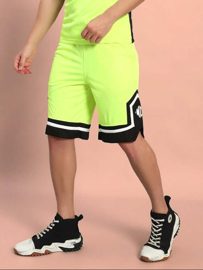Neon green ARMADO regular fit shorts with black and white detailing, ideal for customizable size under ‘Custom Fit’ option.