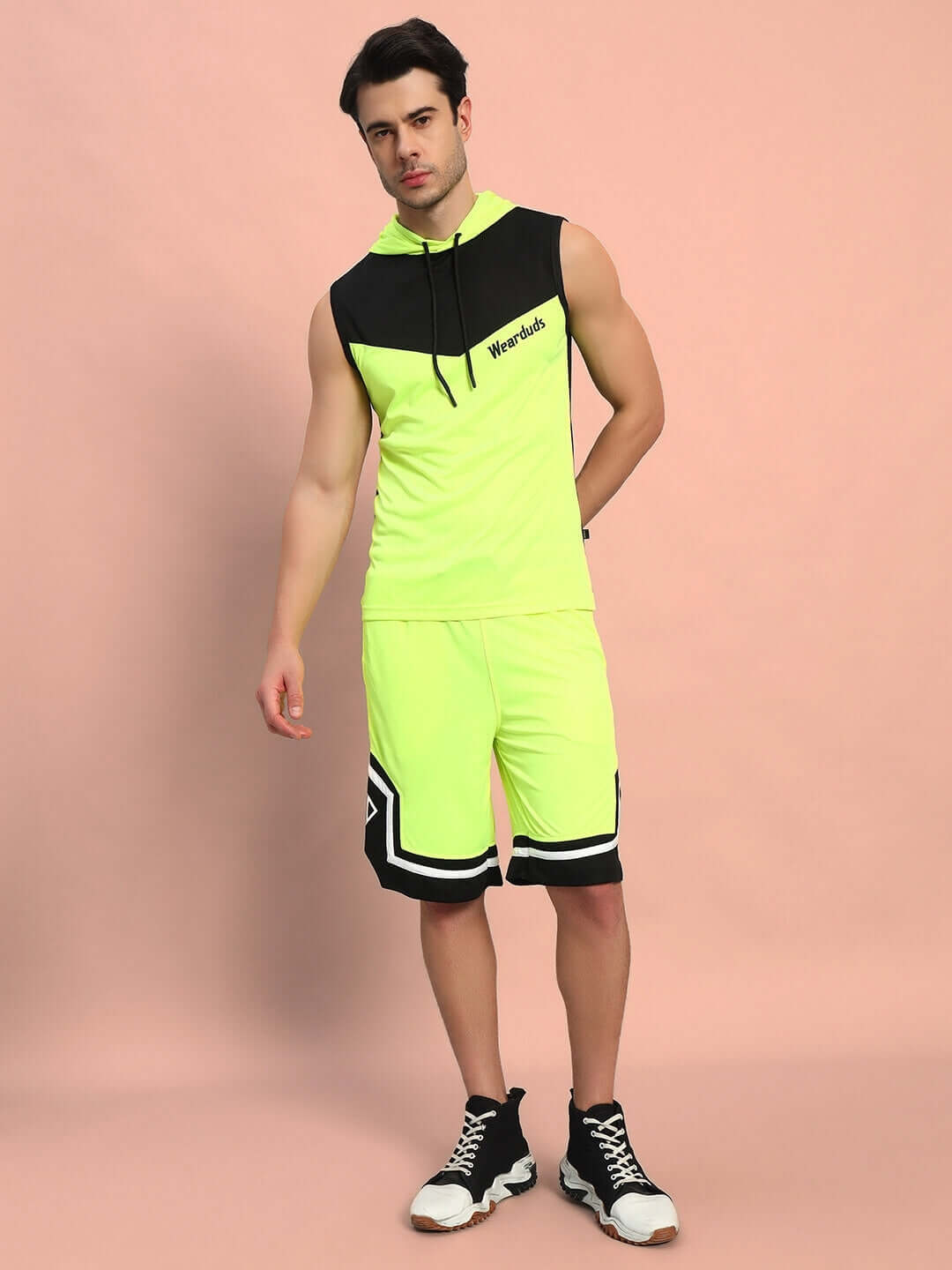 Franky Gym Co-Ord Set in neon green showcasing a sleeveless top and shorts, made from sports polyester fabric for fitness enthusiasts.