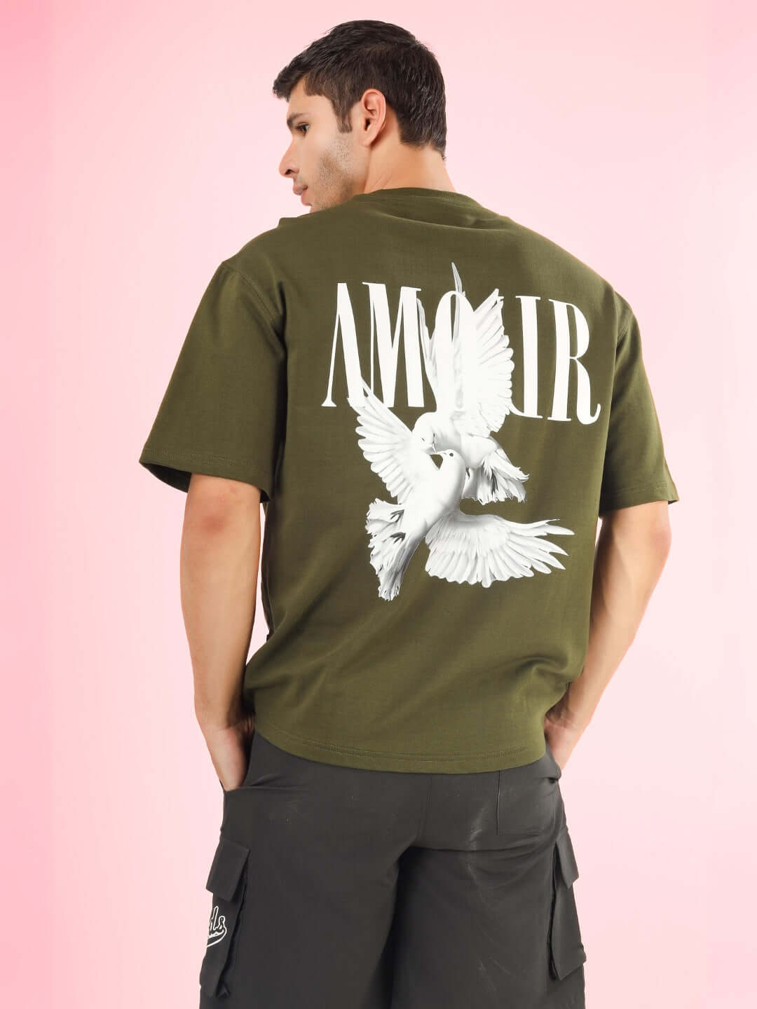 AMOUR OVER-SIZED T-SHIRT OLIVE GREEN with dove design, premium cotton fabric