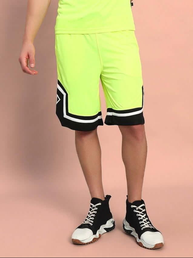 Neon green Armado regular fit shorts with black accents, suitable for custom fit options, shown from the front on a model.