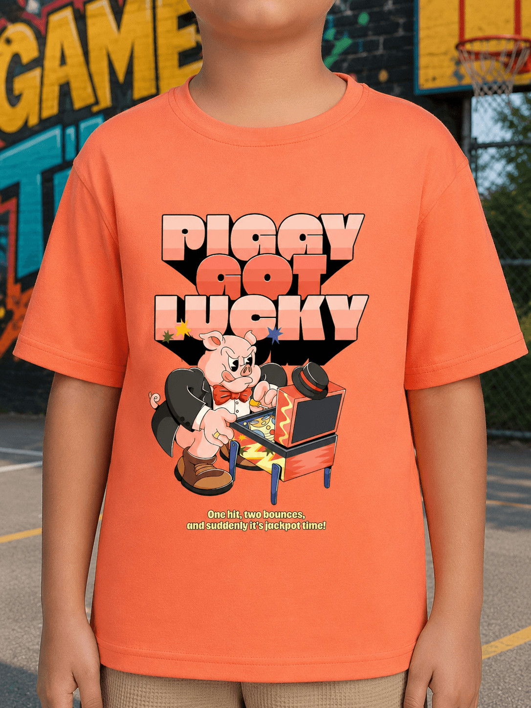 COMIC STREET T-SHIRT FOR BOYS GIRLS ORANGE featuring a pig character on a vibrant orange shirt design.