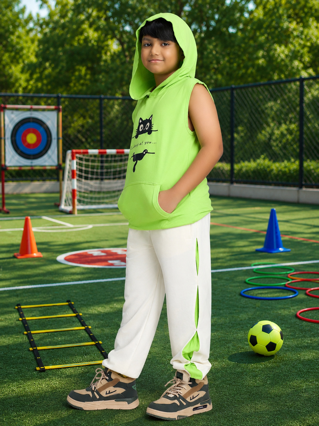CURIOUS CAT HOODED CO-ORD FOR BOYS GIRLS NEON OFF WHITE