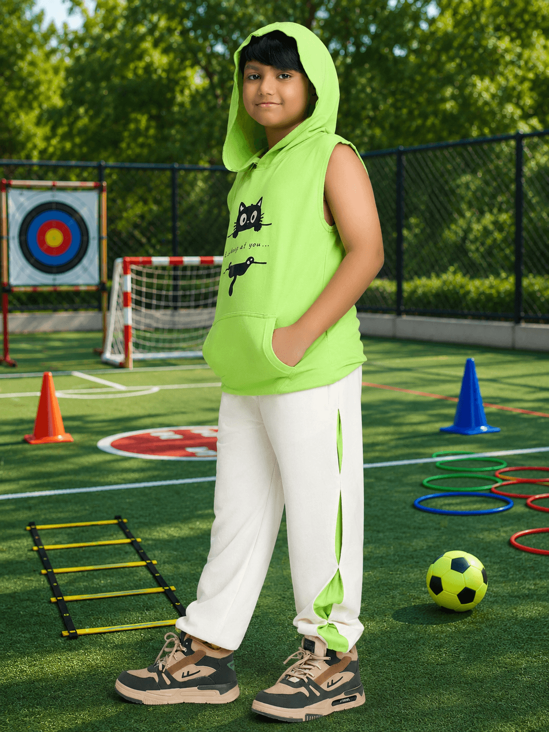 CURIOUS JOGGER FOR BOYS GIRLS OFF WHITE worn by a boy in a playful outdoor setting with sports equipment.