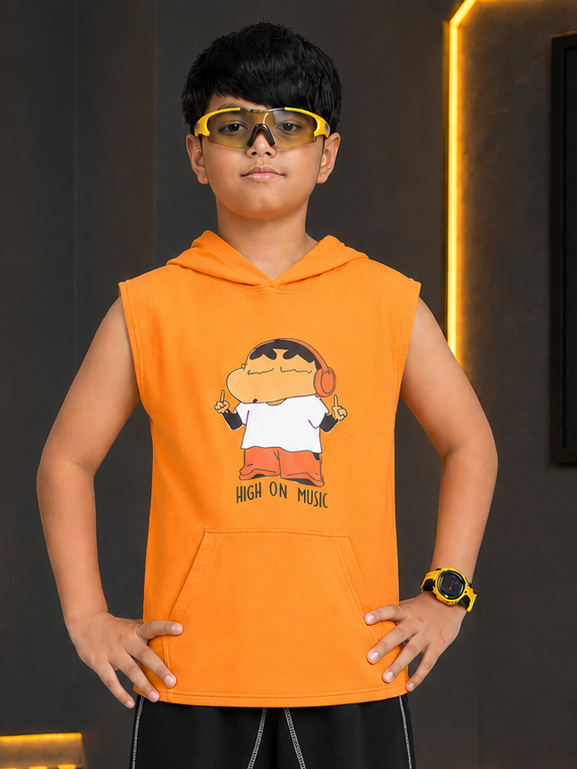 BEAT MODE SLEEVELESS HOODED T-SHIRT FOR BOYS GIRLS ORANGE