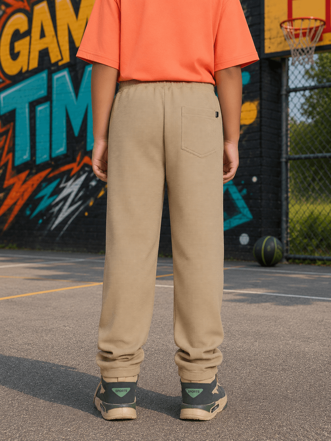 COMIC STREET GRAPHIC CO-ORD FOR BOYS GIRLS ORANGE BEIGE back view of child wearing beige pants and orange top.
