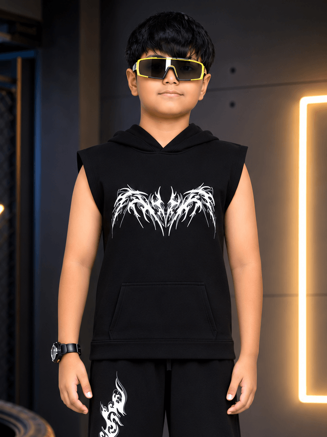 PHANTOM SLEEVELESS HOODED T-SHIRT FOR BOYS GIRLS BLACK worn by a stylish boy with sunglasses in a modern setting.