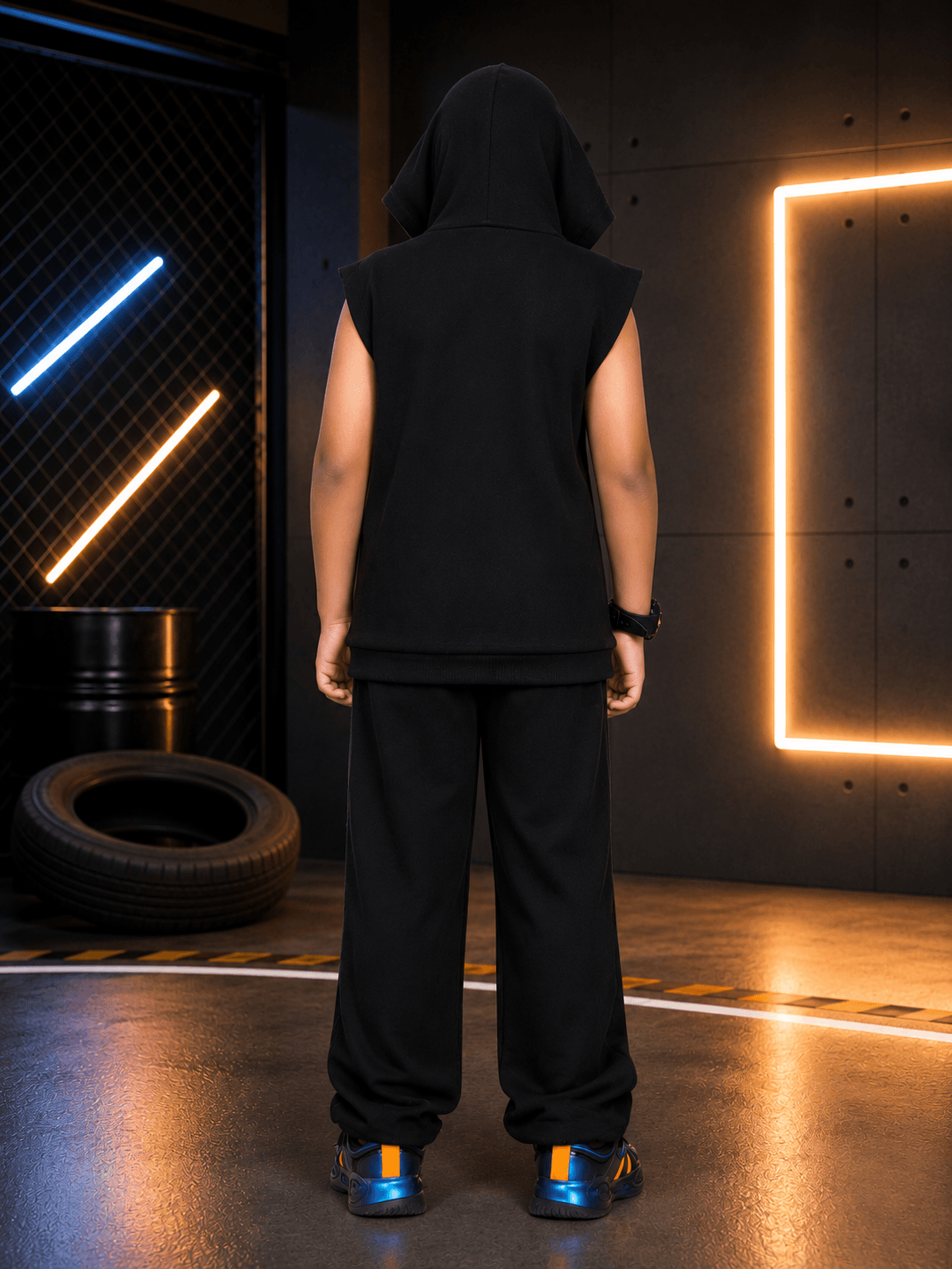 PHANTOM SLEEVELESS HOODED CO-ORD FOR BOYS GIRLS BLACK worn by a child standing from the back.