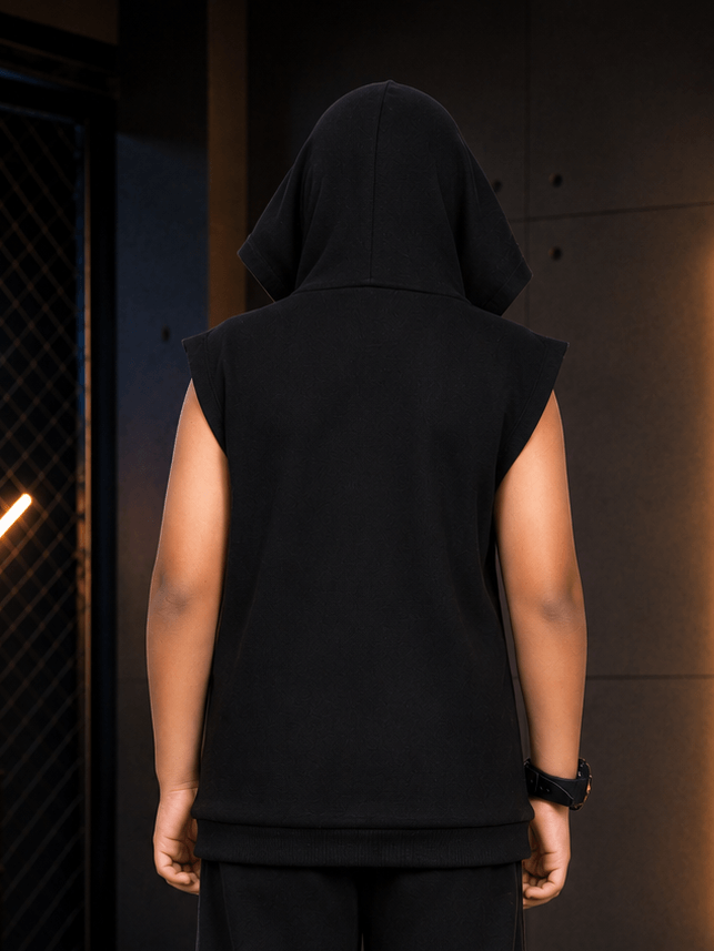 Back view of PHANTOM SLEEVELESS HOODED T-SHIRT FOR BOYS GIRLS BLACK showcasing the stylish hood and sleeveless design.