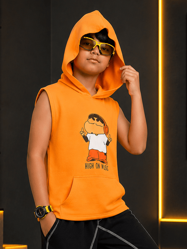 BEAT MODE SLEEVELESS HOODED T-SHIRT FOR BOYS GIRLS ORANGE