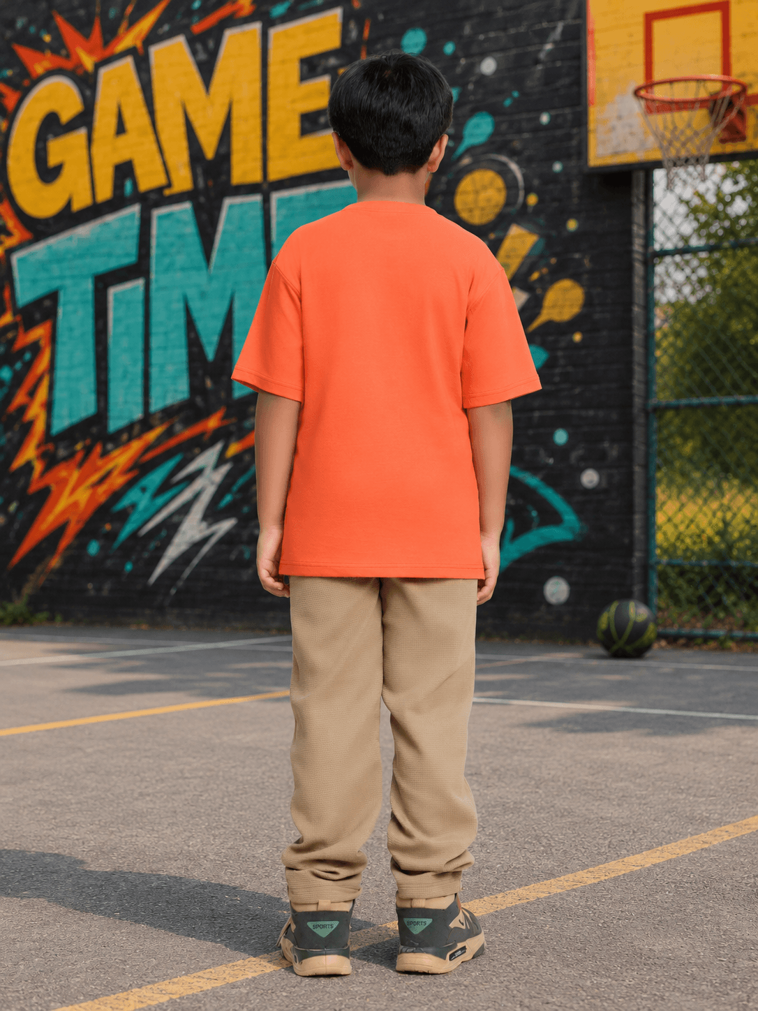 Boy wearing COMIC STREET GRAPHIC CO-ORD FOR BOYS GIRLS ORANGE BEIGE in front of colorful graffiti wall.