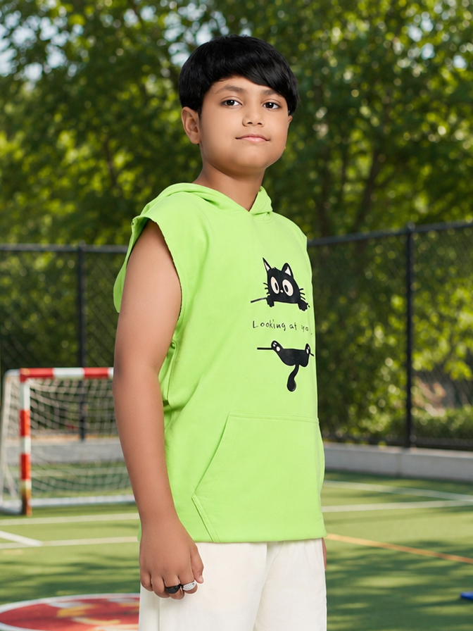 CURIOUS CAT HOODED T-SHIRT FOR BOYS GIRLS NEON GREEN