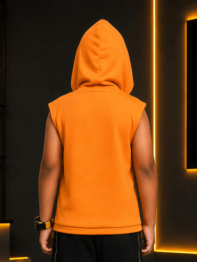 Back view of a boy wearing a BEAT MODE SLEEVELESS HOODED T-SHIRT FOR BOYS GIRLS ORANGE.
